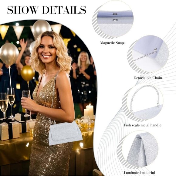 🆕Women’s Silver Glitter Evening Handbag Top Handle Purse w/ Chain Crossbody Bag - Picture 3 of 7